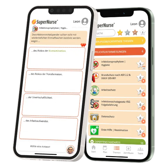 Zwei iPhones zeigen Ausschnitte der SuperNurse App an.