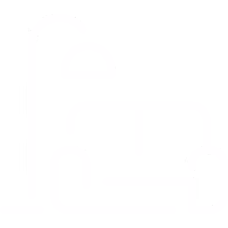 White icon of a couch with a floor lamp beside it on a black background.
