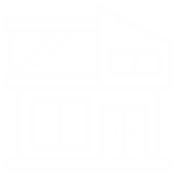 White line icon of a modern two-story house with a slanted roof, two windows on the upper floor, and a double door with two windows on the ground floor.