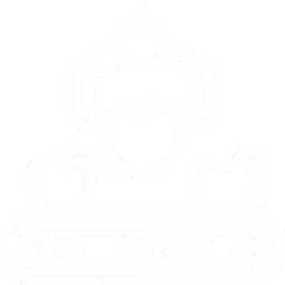 White icon of a robotic arm picking an apple from a conveyor belt with three apples.