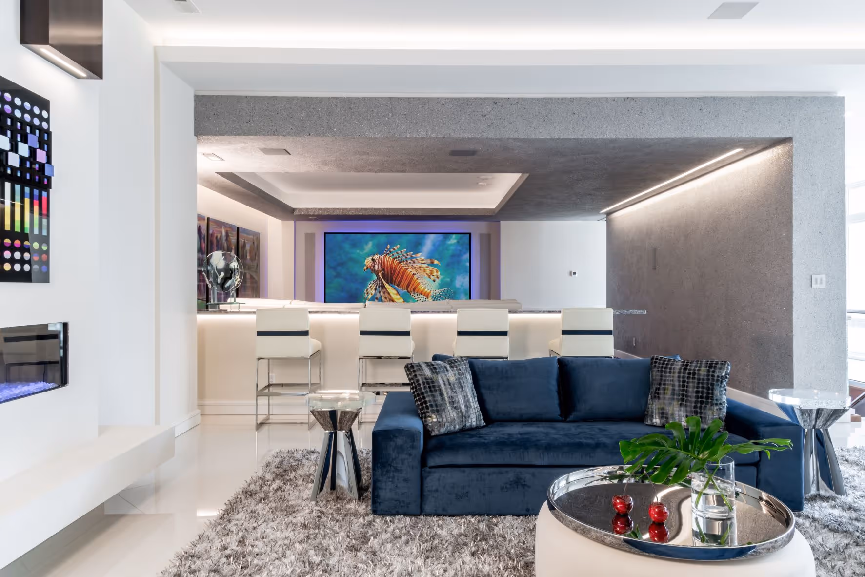 Integration controls smart home project. Basement theater and bar area.