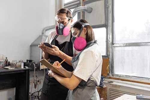 Technician in a mask smiles, breathing easy with GMG’s air quality standards