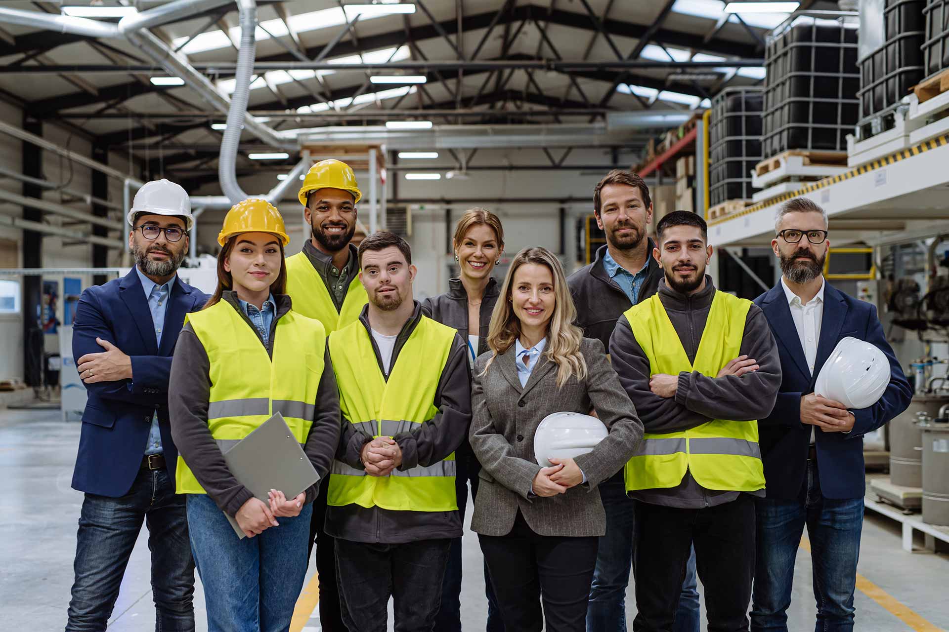 Workers holding helmets discuss GMG EnviroSafe safety compliance training in a warehouse setting