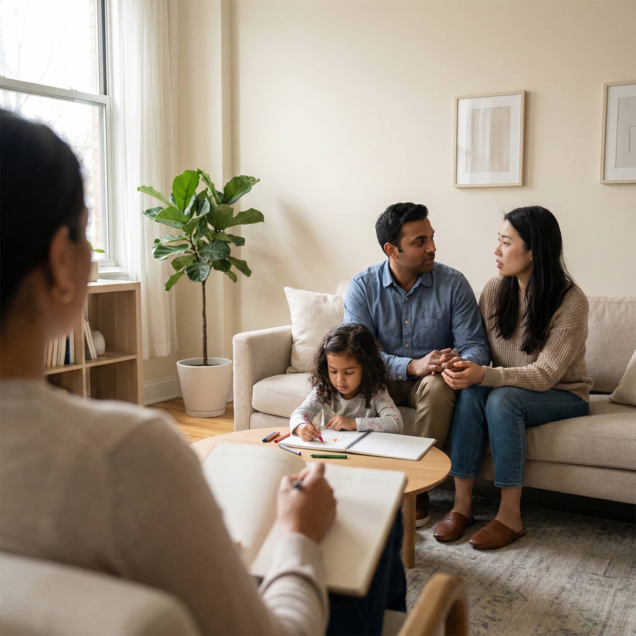 A diverse family participates in a family therapy session as parents sit together and their child draws, guided by a therapist in a calm, welcoming space.