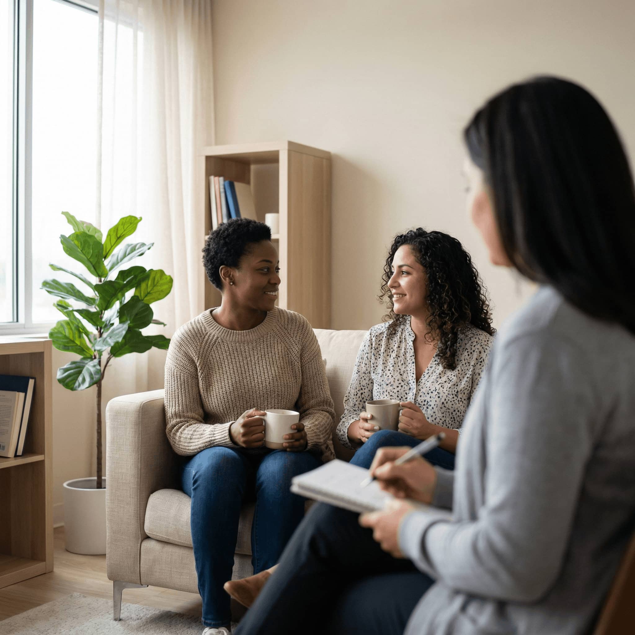 Two women sit together during an LGBTQ-affirming couples therapy session, talking openly while a female therapist listens and takes notes in a supportive office setting.