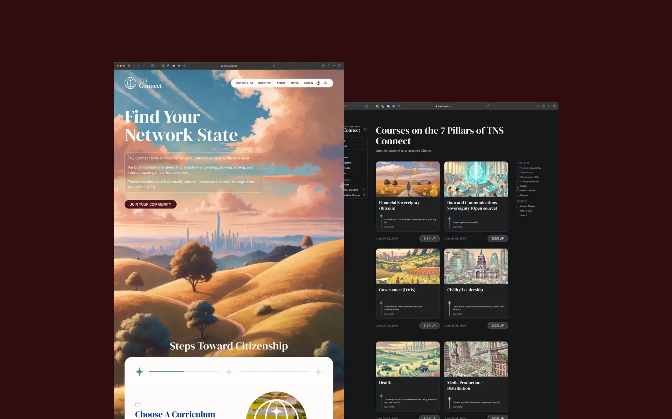 network state connect website home page and courses page designs