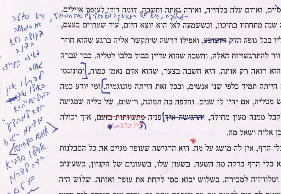 הערות הסופר ותיקונים ביריעת הגהה של "אשה בורחת מבשורה", מאת דויד גרוסמן, לא מתוארך