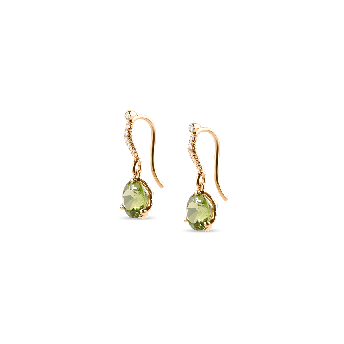 Colourful like a wildflower meadow, Amélie radiates joy, cheerfulness and easiness. Sparkling natural gemstones in enchanting hues take the centre stage in this collection. Experience timeless elegance with these handmade Exotic Green solitaire drop earrings in rose gold, featuring two carefully selected peridots in fine three-prong settings and embellished with radiant brilliant-cut diamonds. Also available in white gold.