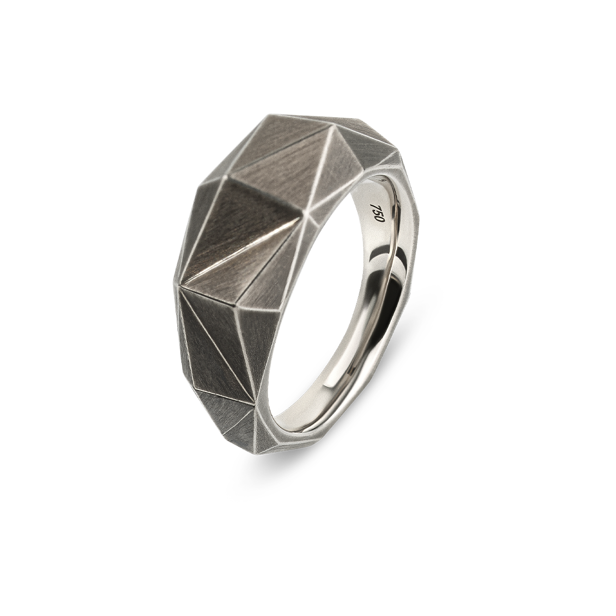 The Chiliagon collection combines bold shapes with timeless elegance. Inspired by avant-garde architecture, these pieces of jewellery mesmerizingly reflect the light, unfolding their captivating effect. This one-of-a-kind ring is handcrafted in white gold and stands out with its matte and black rhodium-plated facets.