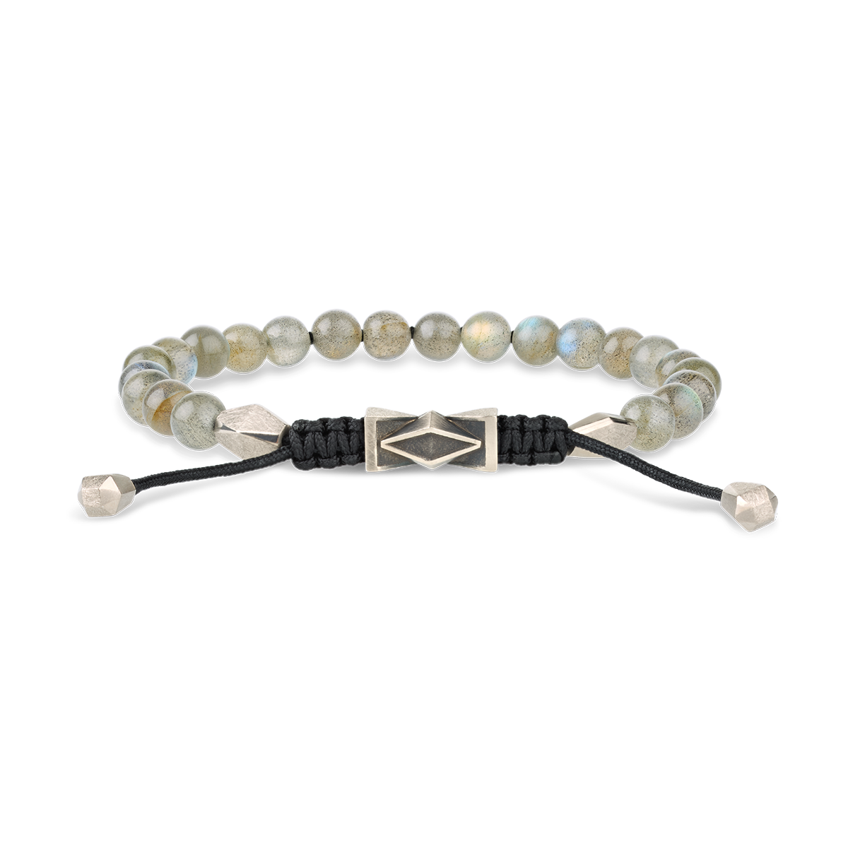 The Chiliagon collection combines bold shapes with timeless elegance. Inspired by avant-garde architecture, these pieces of jewellery mesmerizingly reflect the light, unfolding their captivating effect. This bracelet is handcrafted in white gold and features spectrolite beads. It pairs effortlessly with any style and occasion, and thanks to its adjustable sliding-knot closure, it gently hugs every wrist.