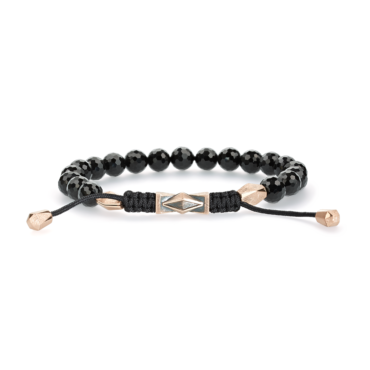 The Chiliagon collection combines bold shapes with timeless elegance. Inspired by avant-garde architecture, these pieces of jewellery mesmerizingly reflect the light, unfolding their captivating effect. This bracelet is handcrafted in rose gold and features faceted black tourmalines. It pairs effortlessly with any style and occasion, and thanks to its adjustable sliding-knot closure, it gently hugs every wrist.