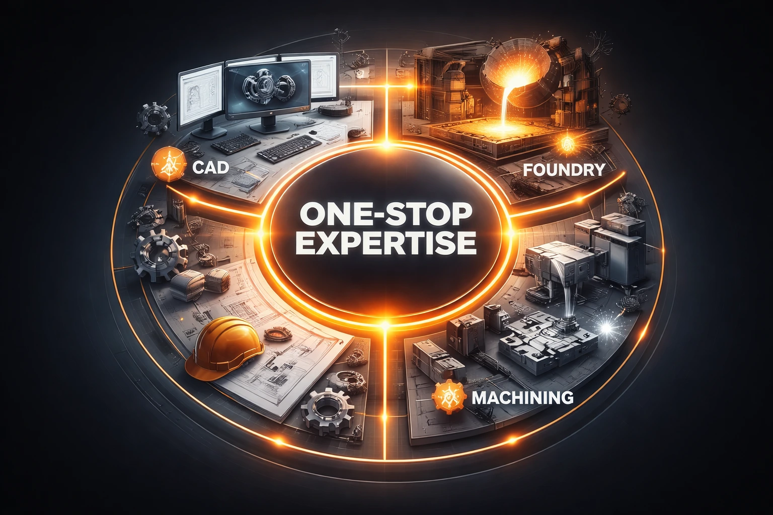 A high-detail industrial illustration representing one-stop expertise in mining and heavy industrial manufacturing. The image is arranged in a circular, system-based layout that visually connects the full production lifecycle from design to delivery. At the center, the words “One-Stop Expertise” are surrounded by integrated stages of manufacturing. One section shows CAD engineering workstations displaying technical drawings and 3D component models, representing design, drafting, and engineering support. Another section depicts a foundry environment with molten metal being poured into molds, illustrating casting capabilities and metallurgical expertise. A third section highlights precision machining equipment, finished components, and tooling used to achieve accurate tolerances and final production readiness. All elements are rendered in muted gray and graphite metal tones with realistic brushed steel textures, conveying industrial precision and durability. Warm orange accent lines connect each stage, symbolizing a seamless, end-to-end workflow. The controlled lighting and deep black surrounding space reinforce engineered organization, reliability, and operational clarity. The visual supports Wabi Corp’s integrated approach to CAD design, foundry casting, and machining services, demonstrating a single-source manufacturing solution for mining and heavy industrial applications.