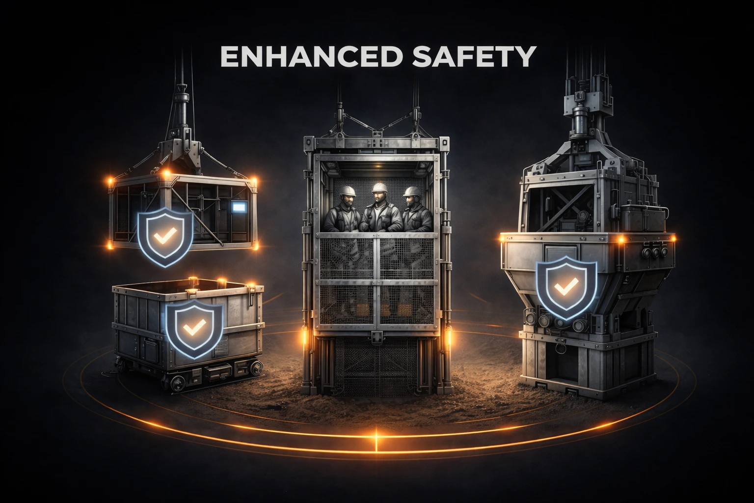A high-detail industrial illustration showing enhanced safety systems used in underground mining operations. The image features multiple pieces of engineered mining equipment arranged in a balanced, symmetrical layout, including reinforced personnel cages, material skips, and heavy-duty loading systems. At the center, a steel safety cage carries miners wearing protective equipment, surrounded by robust structural framing and mesh panels designed to prevent mechanical failure. Additional skips and lifting units appear on either side, each built with reinforced housings and integrated fail-safe components. All equipment is rendered in muted gray and graphite metal tones with realistic brushed steel textures, emphasizing precision engineering and durability. Subtle orange indicator lights and thin circular accent lines highlight key safety zones and system controls, symbolizing monitoring, redundancy, and operational reliability. Shield icons with checkmarks reinforce compliance with global mining safety standards and a commitment to zero-harm operations. The calm cinematic lighting and deep black surrounding space convey engineered control, stability, and confidence. The image supports Wabi Corp’s focus on engineered equipment with built-in fail-safes that meet or exceed international mining requirements, helping protect workers, reduce risk, and support safe performance in harsh underground and heavy industrial environments.
