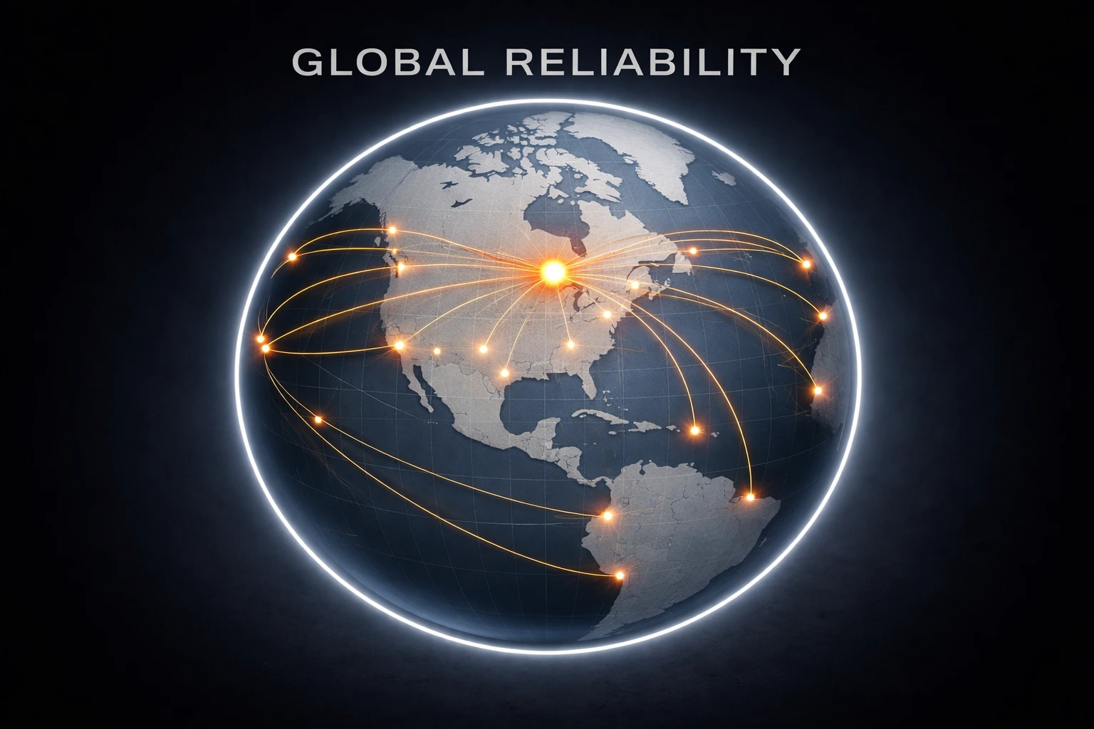 A modern industrial globe visualization illustrating global reliability and integrated engineering support from Wabi. The image shows a realistic spherical Earth centered on North America, with Canada and the United States clearly visible in muted gray tones over a blue-gray ocean. Subtle latitude and longitude grid lines wrap the globe, reinforcing technical precision and engineered structure. A single bright orange hub glows in Northern Ontario, Canada, representing Wabi’s headquarters and central operations in New Liskeard, ON. From this primary hub, thin curved orange connection lines extend outward to multiple secondary nodes across North America, with additional links reaching South America and select international locations. The organized network pattern highlights dependable global reach, coordinated delivery, and end-to-end manufacturing support. A soft white circular frame surrounds the globe against deep black negative space, creating a premium, controlled visual. The image supports Wabi’s one-stop expertise model, connecting CAD design, foundry production, and machining services into a unified global system delivering reliable industrial solutions for mining and heavy equipment operations worldwide.