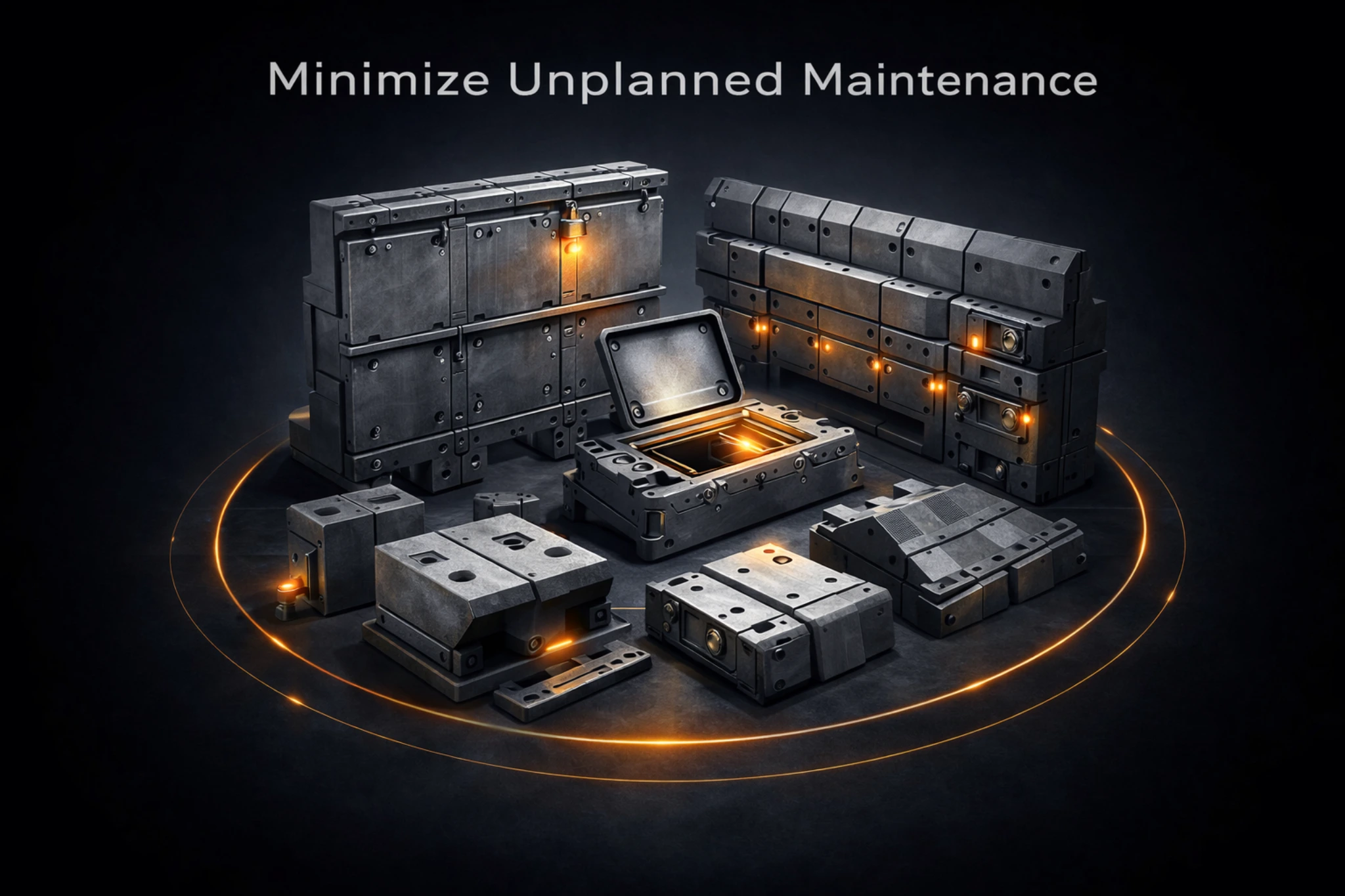 A high-detail industrial illustration representing minimize unplanned maintenance in mining and heavy industrial operations. The image shows a symmetrical arrangement of modular wear-resistant castings and replaceable component blocks constructed from thick, reinforced alloy steel. Each component features precision-machined surfaces, visible fastener points, and engineered access panels designed for predictable maintenance and simplified replacement. A central open service module emits a soft orange glow, highlighting inspection access and controlled wear zones. The surrounding wear components are rendered in muted gray and graphite metal tones with realistic brushed steel textures, emphasizing durability, consistency, and long-term performance. Subtle orange accent lighting marks connection interfaces and maintenance points, reinforcing planned service intervals rather than emergency repair. The clean circular layout and deep black negative space convey engineered control and reliability. The visual supports Wabi’s approach to minimizing unplanned maintenance by extending component life in crushers, chutes, and pumps through precision-engineered wear-resistant castings built for harsh underground mining and heavy industrial environments.