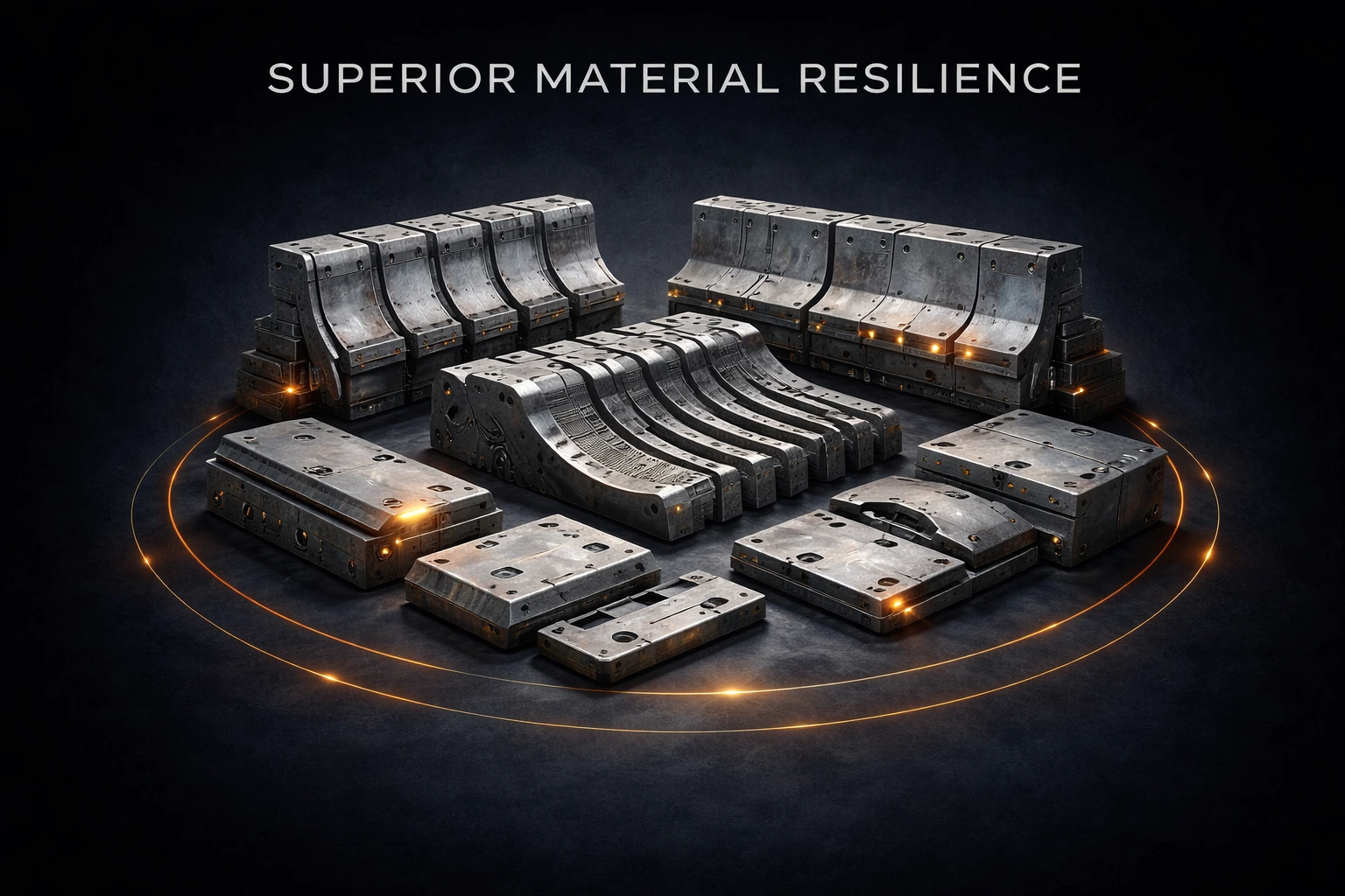 A high-detail industrial illustration showing superior material resilience in heavy mining and industrial wear components. The image features a symmetrical layout of precision-engineered wear parts arranged in an organized circular formation against a deep black background. The components include curved and flat wear liners, impact-resistant segments, and modular abrasion plates manufactured from high-chrome alloy steel. Each part displays realistic brushed metal textures, reinforced edges, and machined mounting points designed to withstand extreme wear, impact loading, and continuous abrasion. Subtle orange indicator lights highlight stress zones and material interfaces, visually representing engineered toughness and controlled wear behavior. A thin glowing circular ring beneath the components suggests structural balance, reliability, and long-term operational stability. The muted graphite and gray metal tones emphasize strength and density, reinforcing the concept of advanced metallurgy and precision manufacturing. The visual directly supports the message of superior material resilience by illustrating how high-chrome alloys and precision engineering enable mining components to outlast standard materials in crushers, chutes, and high-abrasion environments common in underground and surface mining operations.