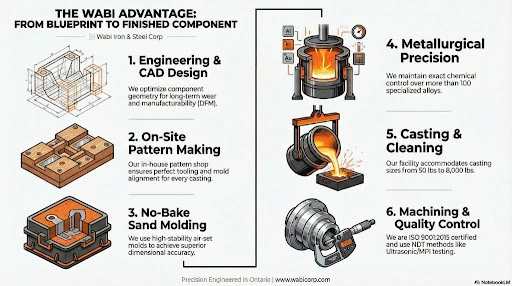 Wabi casting foundry process from blueprint and CAD design through to finished machined component.