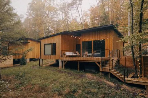 Modern cabin with stringy lights in the woods by professional architecture photographer Hans Isaacson