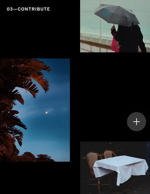 Photo sharing in VSCO Spaces of person with umbrella, tree and moon, and cafe table on VSCO