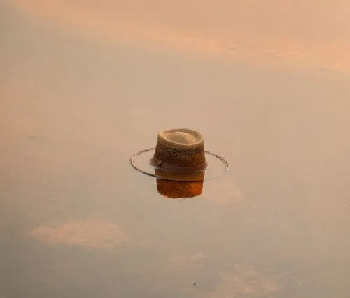 Brimmed straw hat sitting in shallow reflective water being discussed on VSCO