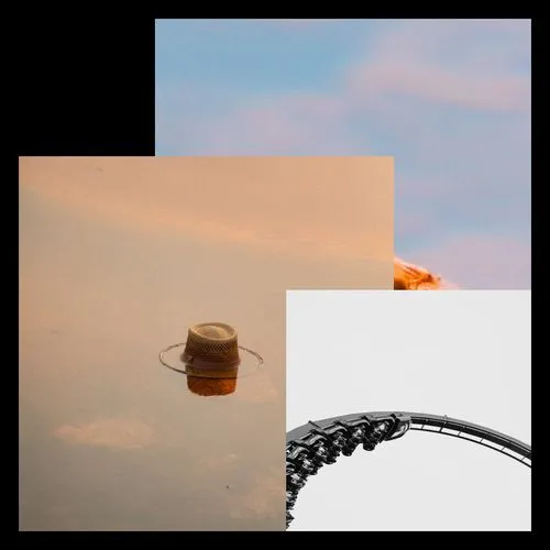 Photo collage of brimmed straw hat in reflective water, roller coaster, and pink cloud sky from VSCO Space Daily Minimalism