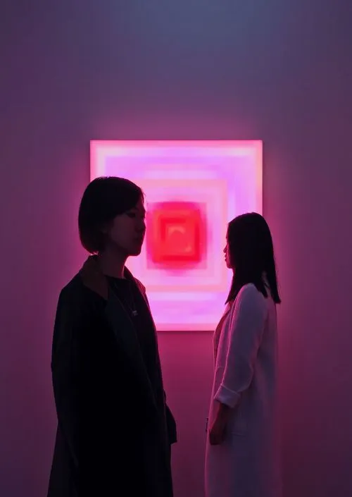 Two women standing in front of glowing pink artwork by Kevin Mao used as inspiration by VSCO photographer community
