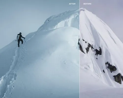 A mountaineer on a snowy mountain peak before and after VSCO filters applied with photo editing tools