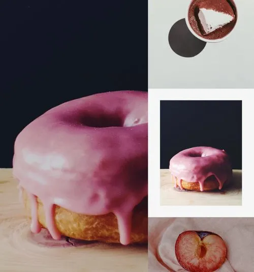 Professional food photography collage with donuts, hot chocolate, and a nectarine made with VSCO photo editor
