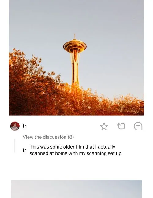 Comment on VSCO by photographer saying 'This is some older film I actually scanned at home with my scanning setup' about Space Needle photo
