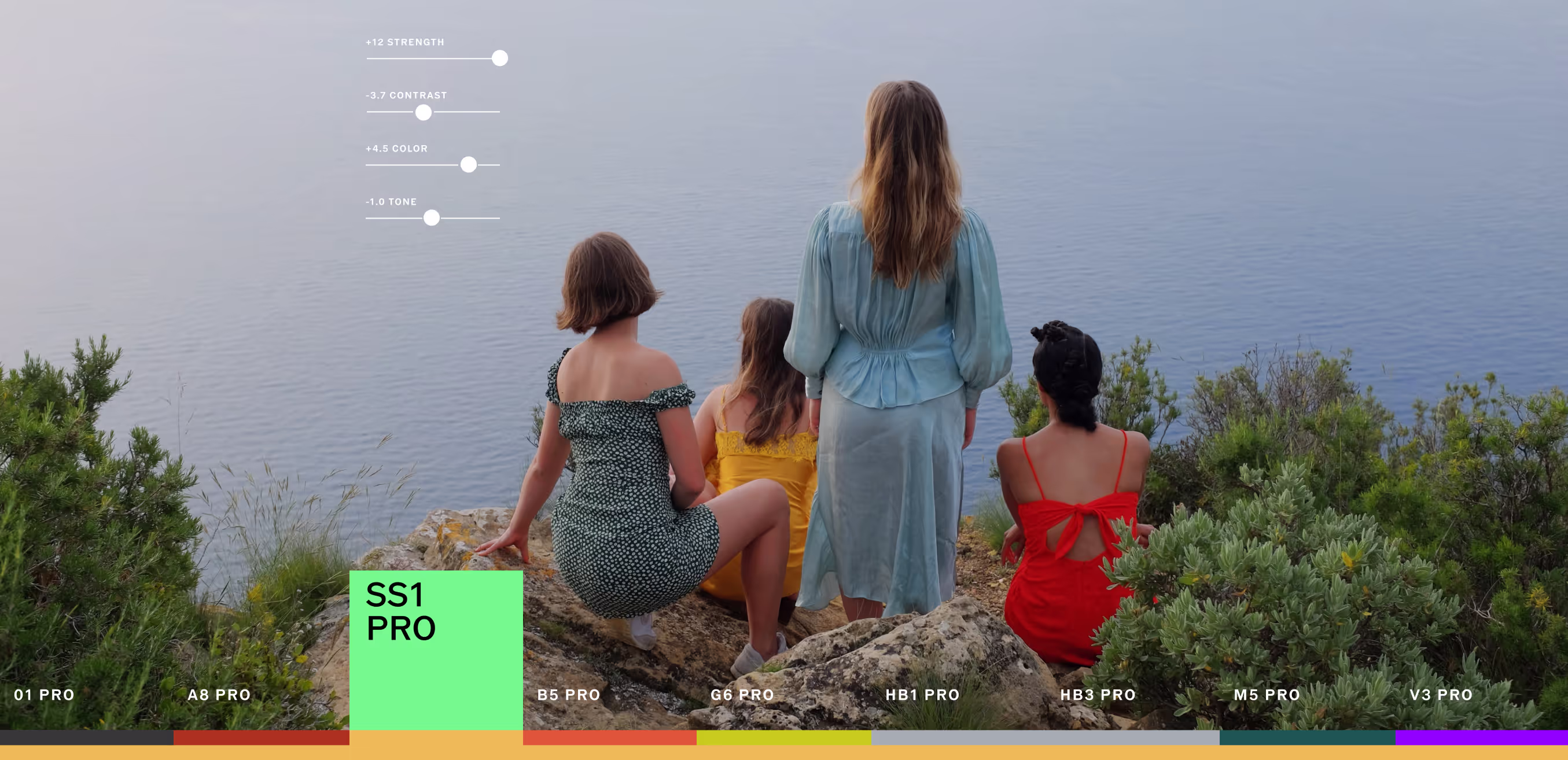 Four women in colorful dresses sitting looking out at water with VSCO Pro Presets selection highlighting SS1 PRO