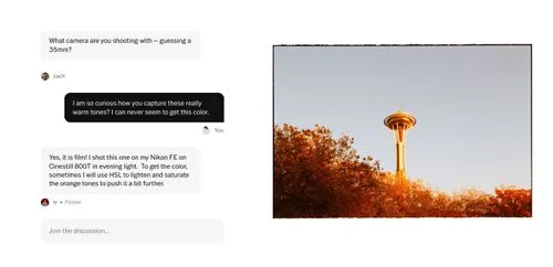 Conversation between photographers on VSCO about camera gear used to capture warm tones in Space Needle image