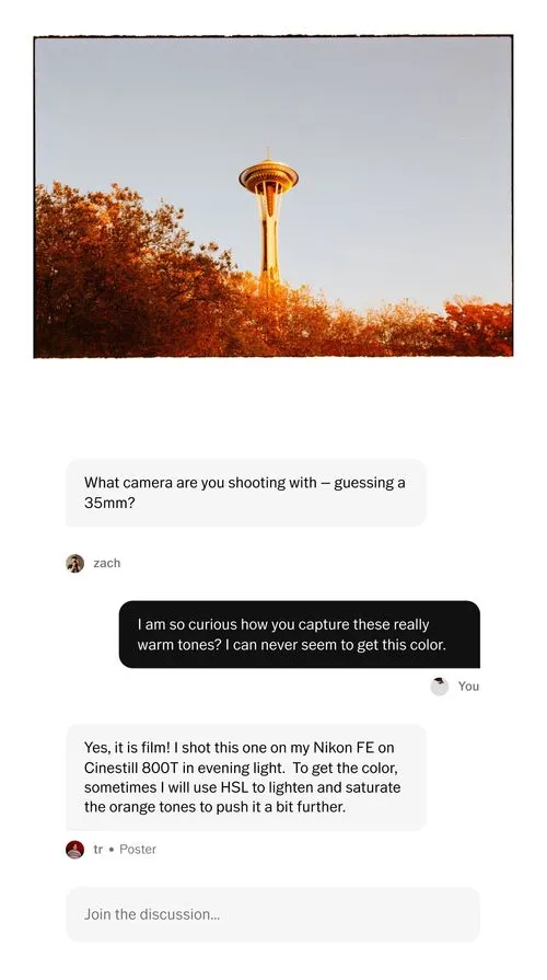 Conversation between photographers on VSCO about camera gear used to capture warm tones in Space Needle image