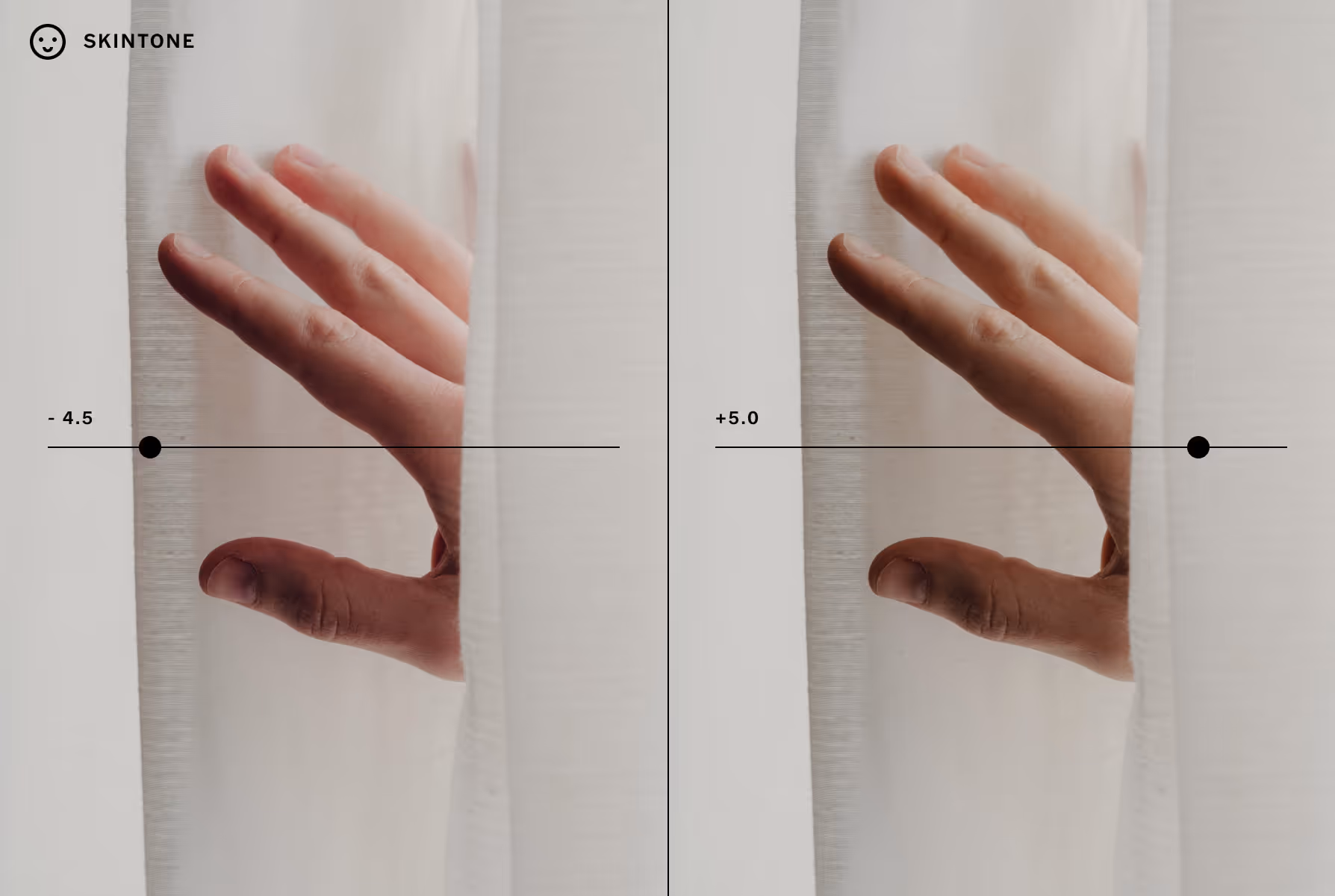 VSCO Skin Tone editor correcting color tint of a hand between white curtains