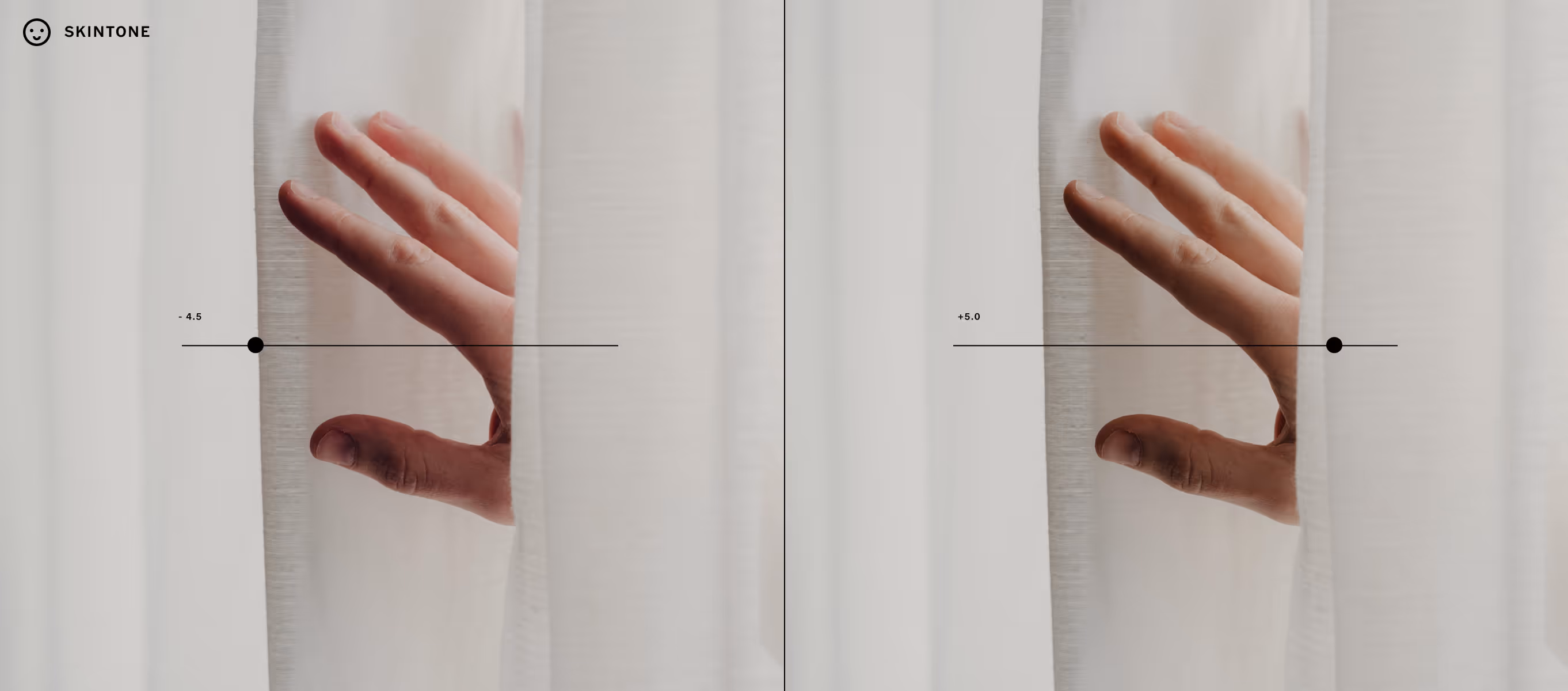 VSCO Skin Tone editor correcting color tint of a hand between white curtains