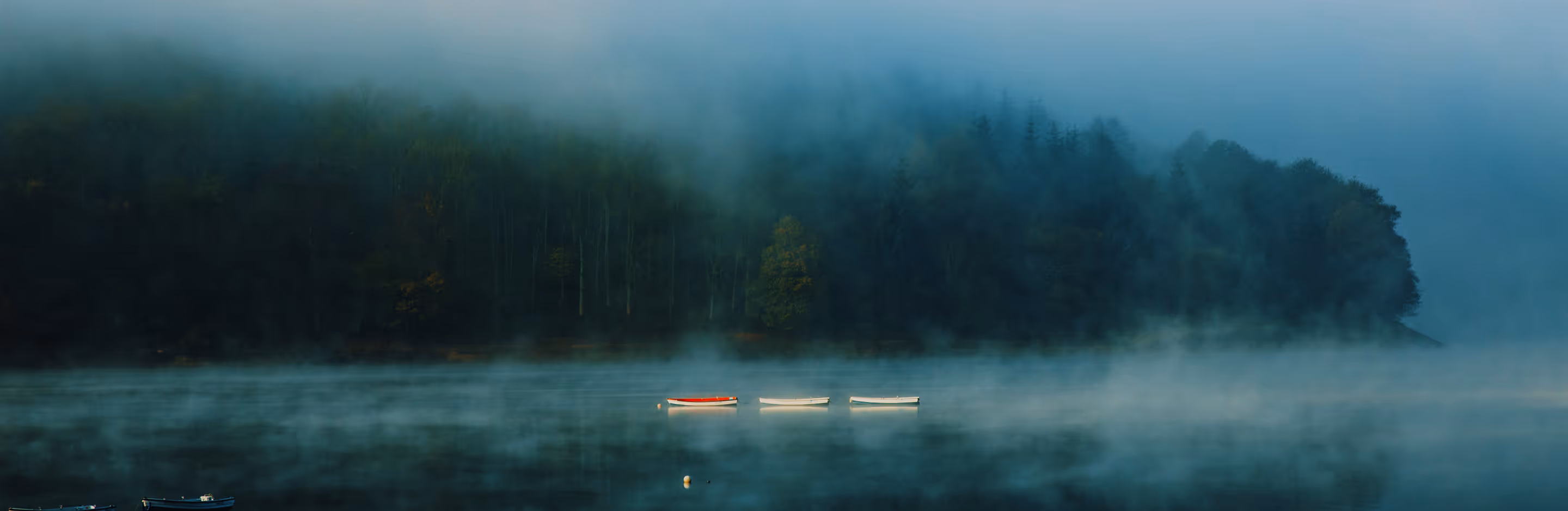 Foggy canoes on lake with video audio removed
