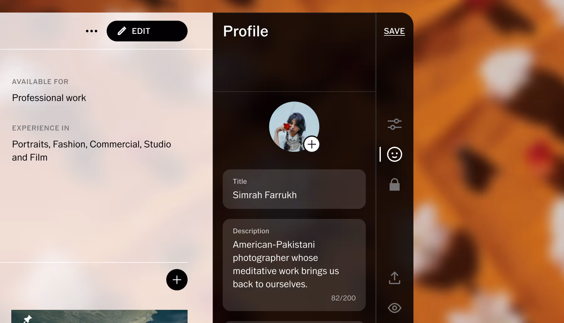 Profile settings for photographer Simrah Farrukh