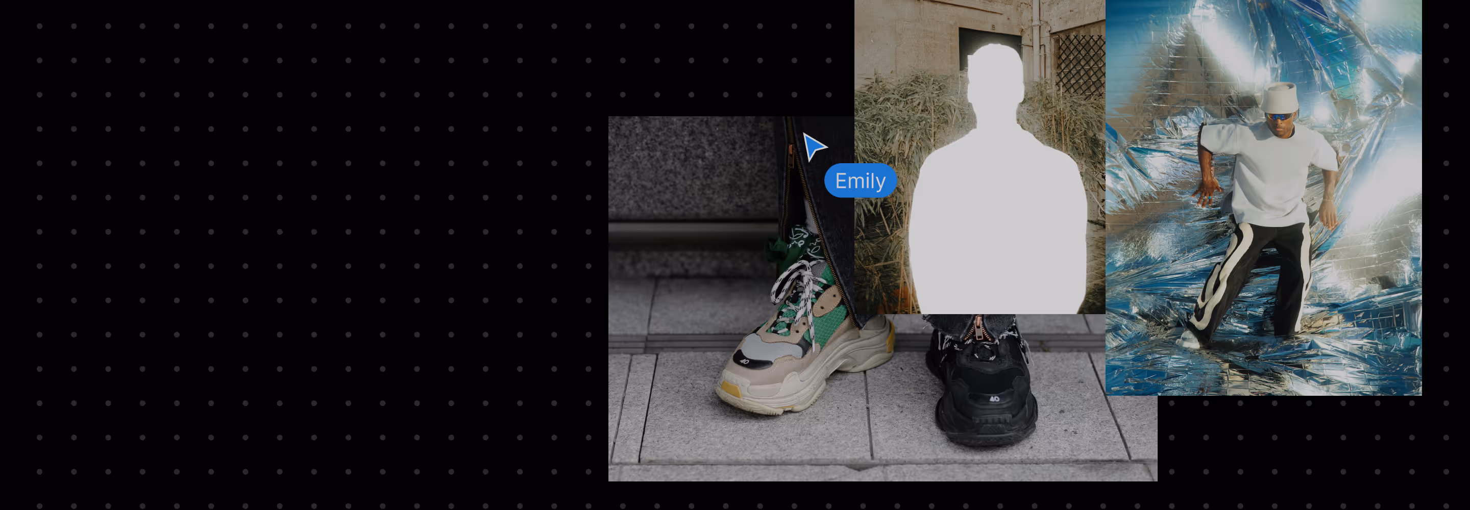 Active cursor for user Emily working on a mood board collage showing a close-up of mismatched sneakers on pavement, a white silhouette of a person in front of plants, and a man in sunglasses and white bucket hat posing against a reflective silver backdrop.