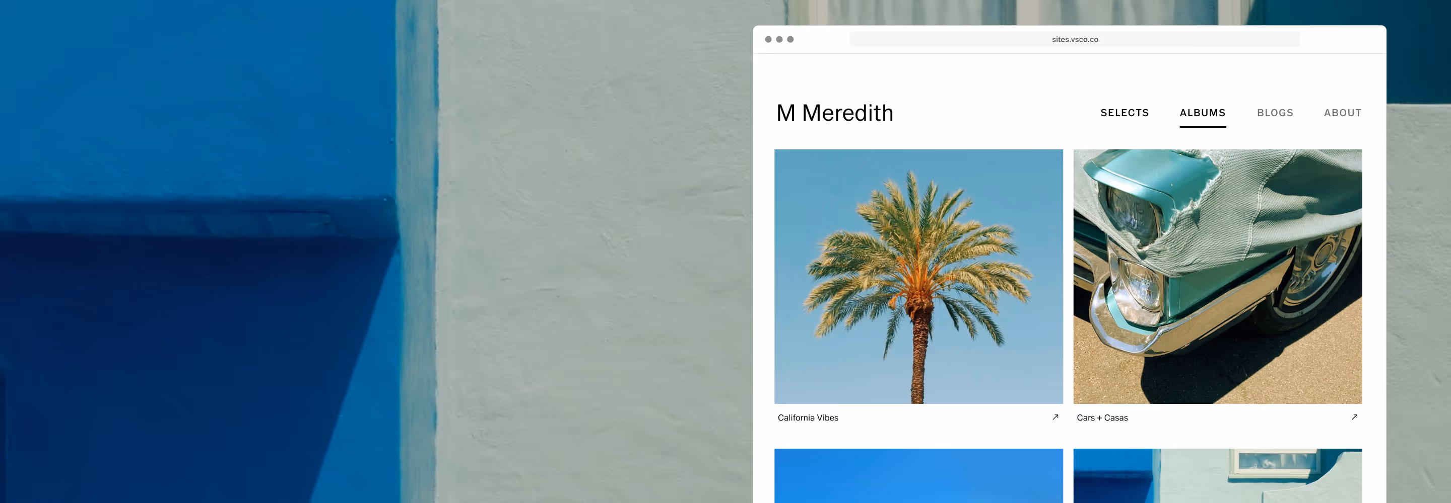 Website portfolio for photographer M Meredith with photo albums of a palm tree and a car with a torn green cover.