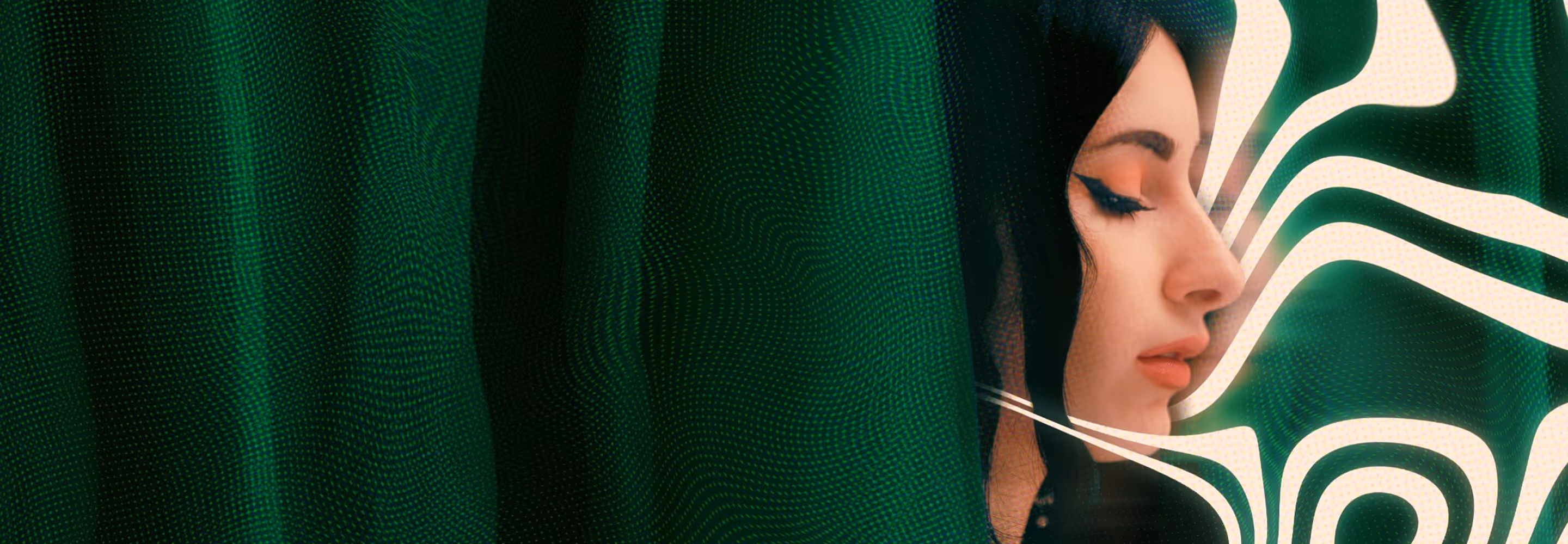Profile of a woman with closed eyes against a dark green dotted background with white swirling lines.
