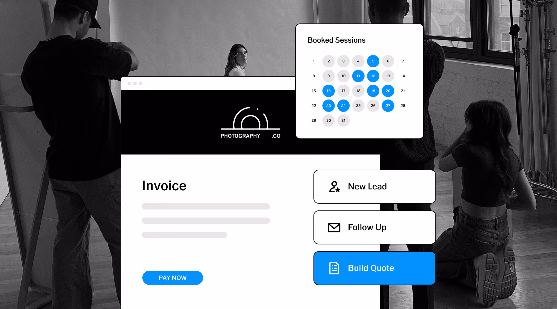Black and white photo of a studio photoshoot with a woman posing and overlaid user interface elements showing an invoice with Pay Now button, booked sessions calendar, and action buttons for new lead, follow up, and build quote.