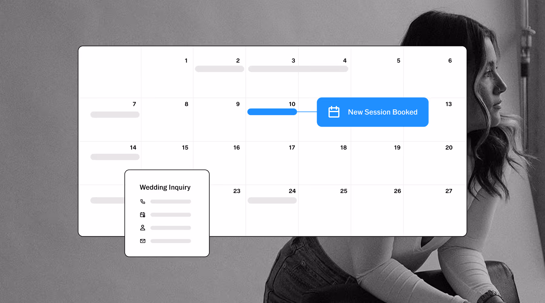 Calendar interface showing booked sessions with a highlighted note 'New Session Booked' on the 10th and a pop-up labeled 'Wedding Inquiry' with contact icons.