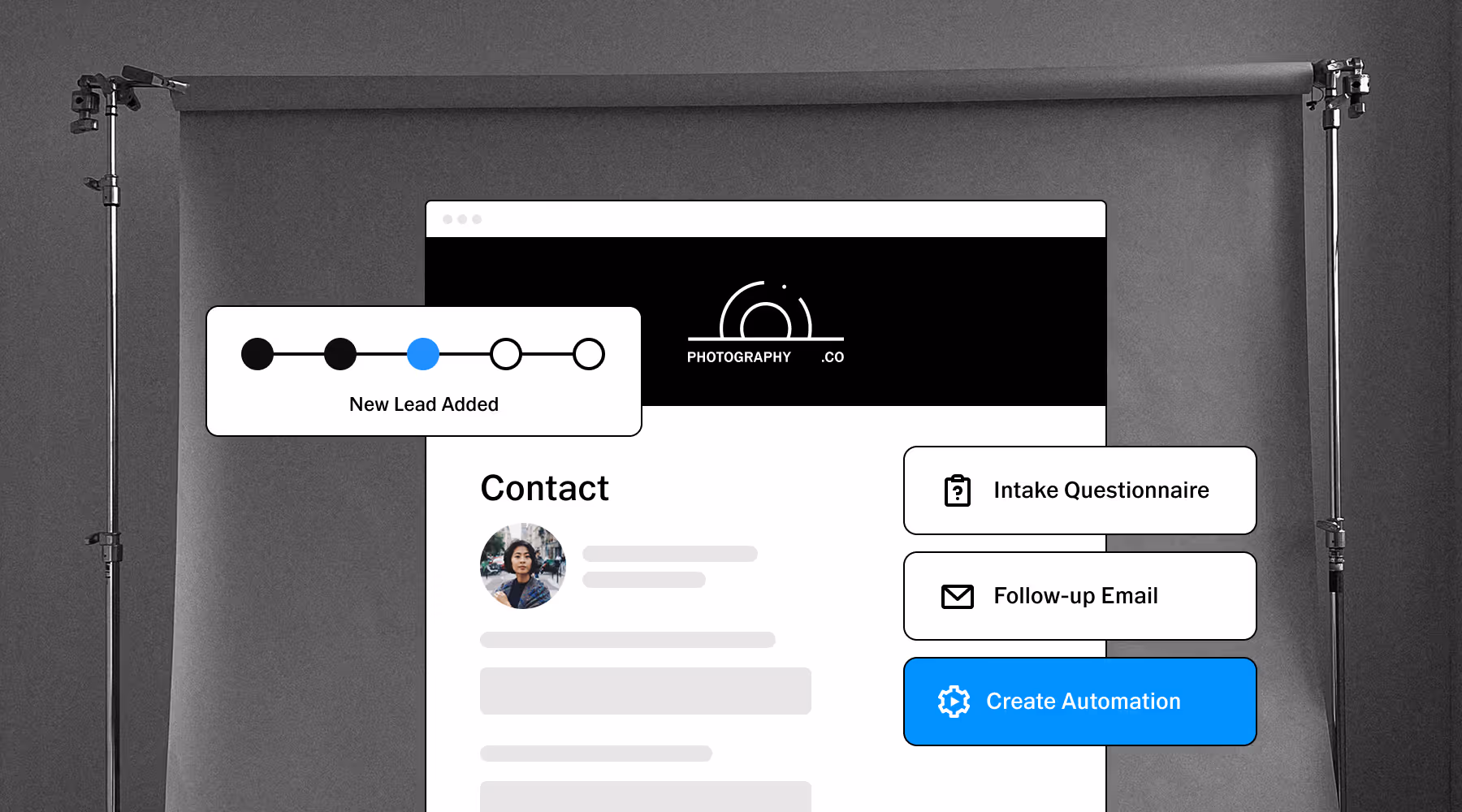 Website interface showing a photography business contact page with a progress bar labeled New Lead Added and buttons for Intake Questionnaire, Follow-up Email, and Create Automation.