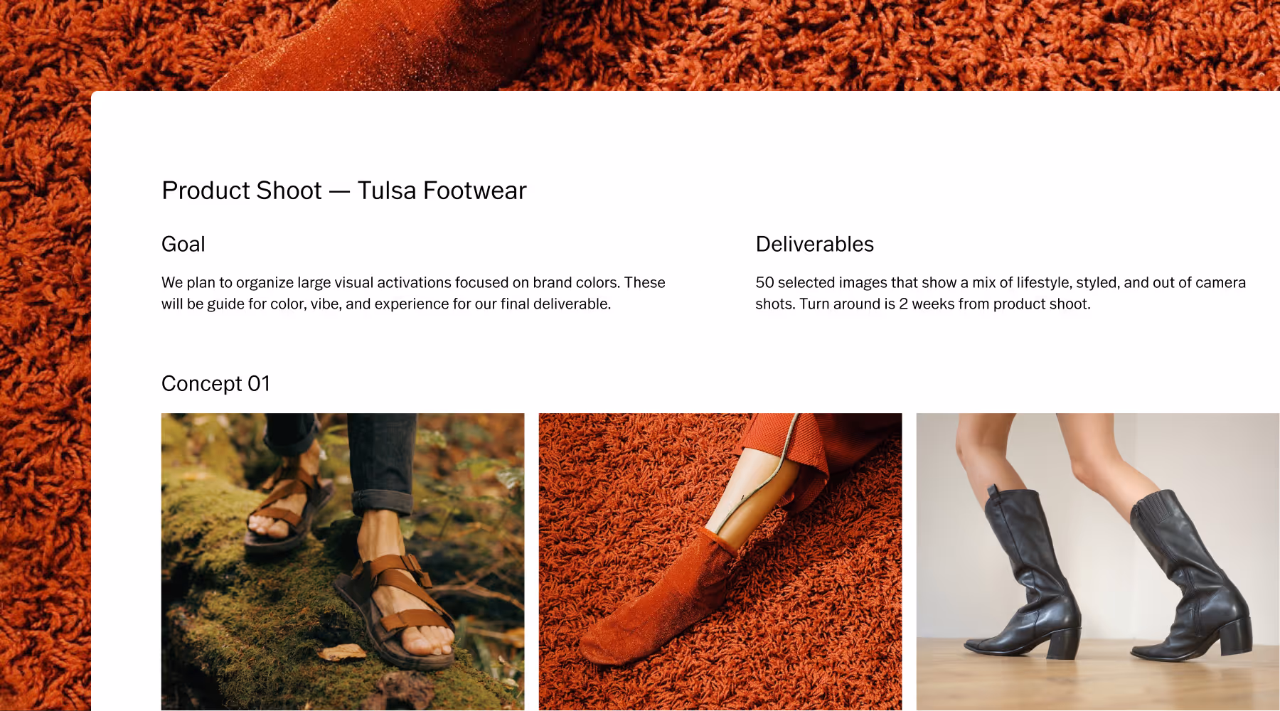 Mood board template for a product shoot plan with Goals, Deliverables, and Concepts for Tulsa Footwear with images of brown sandals on moss, orange sock boots on orange carpet, and black heeled boots on wooden floor.