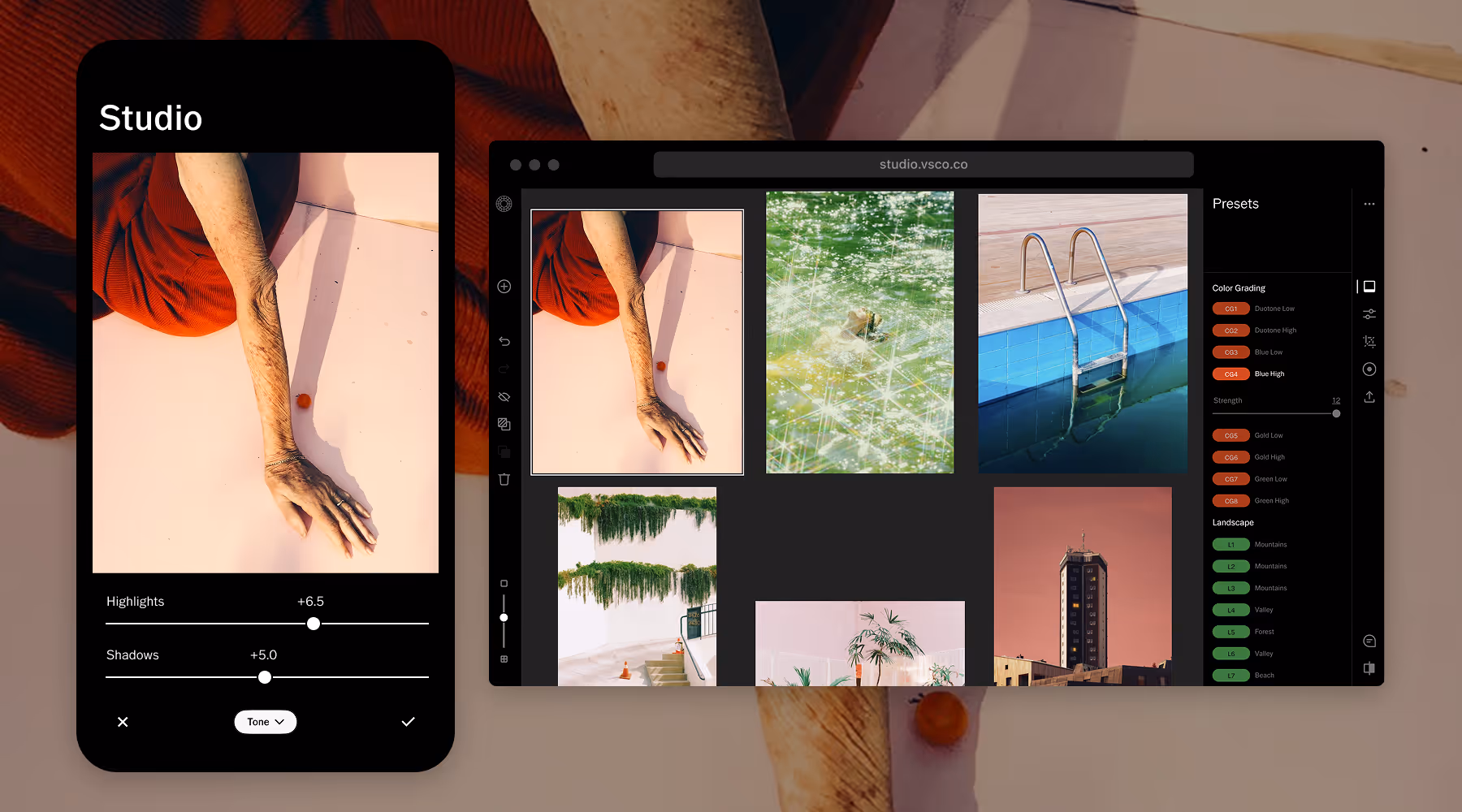 VSCO photo editing app interface on both phone and desktop showing color grading and tone adjustment tools with various images, including an arm on a pink surface, someone swimming in green tinted water, and a pool ladder.