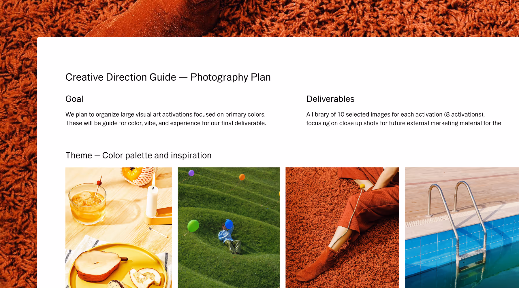 Creative direction guide mood board template featuring a photography plan with goals and deliverables, plus a theme section showing four colorful photos: a yellow drink with fruit, a person sitting on green grass with balloons, a person in red clothing on a red carpet, and a swimming pool ladder over blue water.