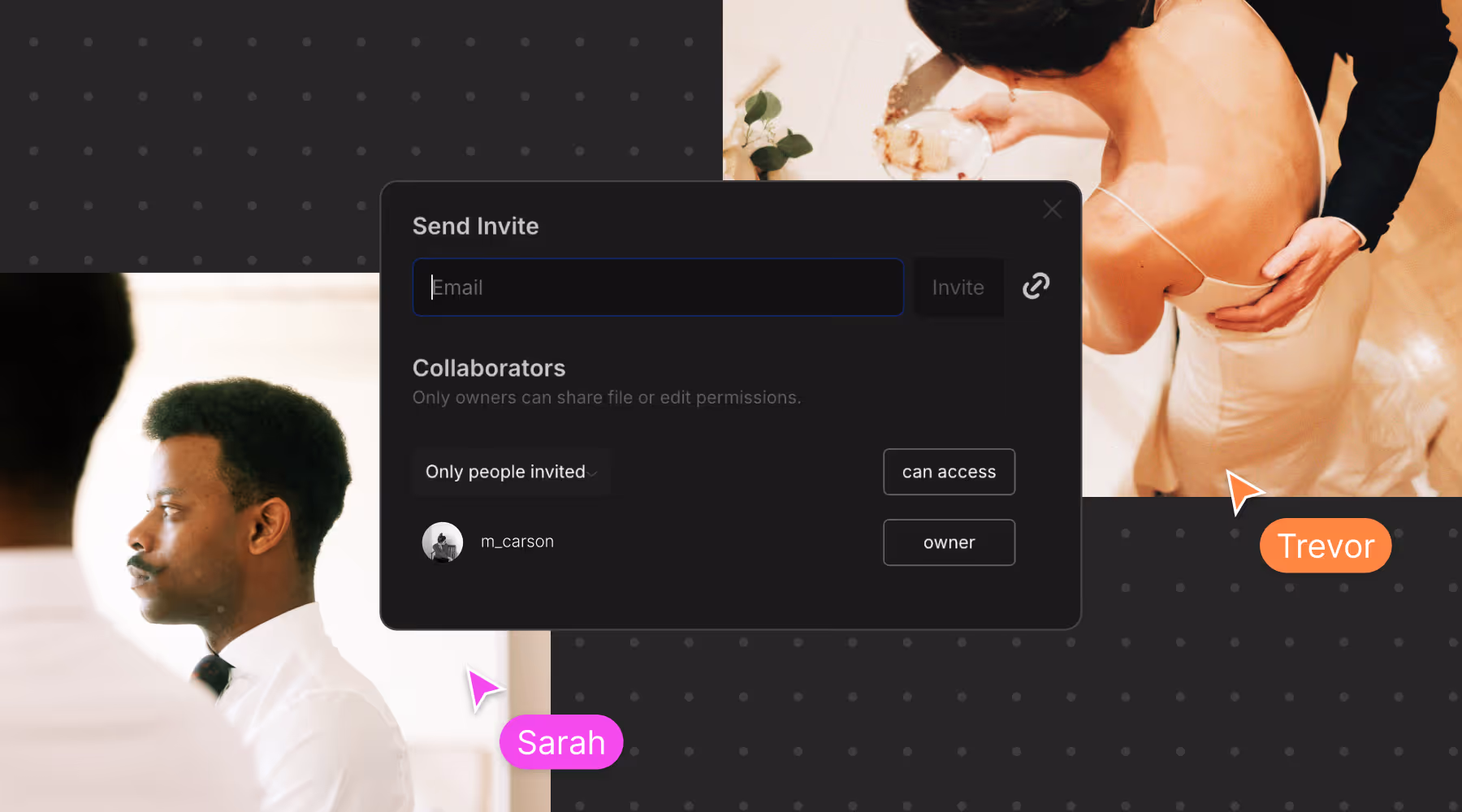 VSCO Canvas interface screen for sending an invite with collaborators list showing m_carson as owner, overlaid on wedding photos of a man in profile and a couple.
