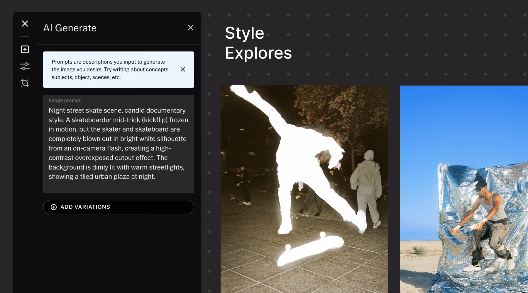 VSCO Canvas mood board titled 'Style Explores' showing the AI Generate feature with prompt for a night street scene showing a skateboarder mid kickflip frozen in bright white silhouette with dimly lit tiled urban plaza and people in the background.