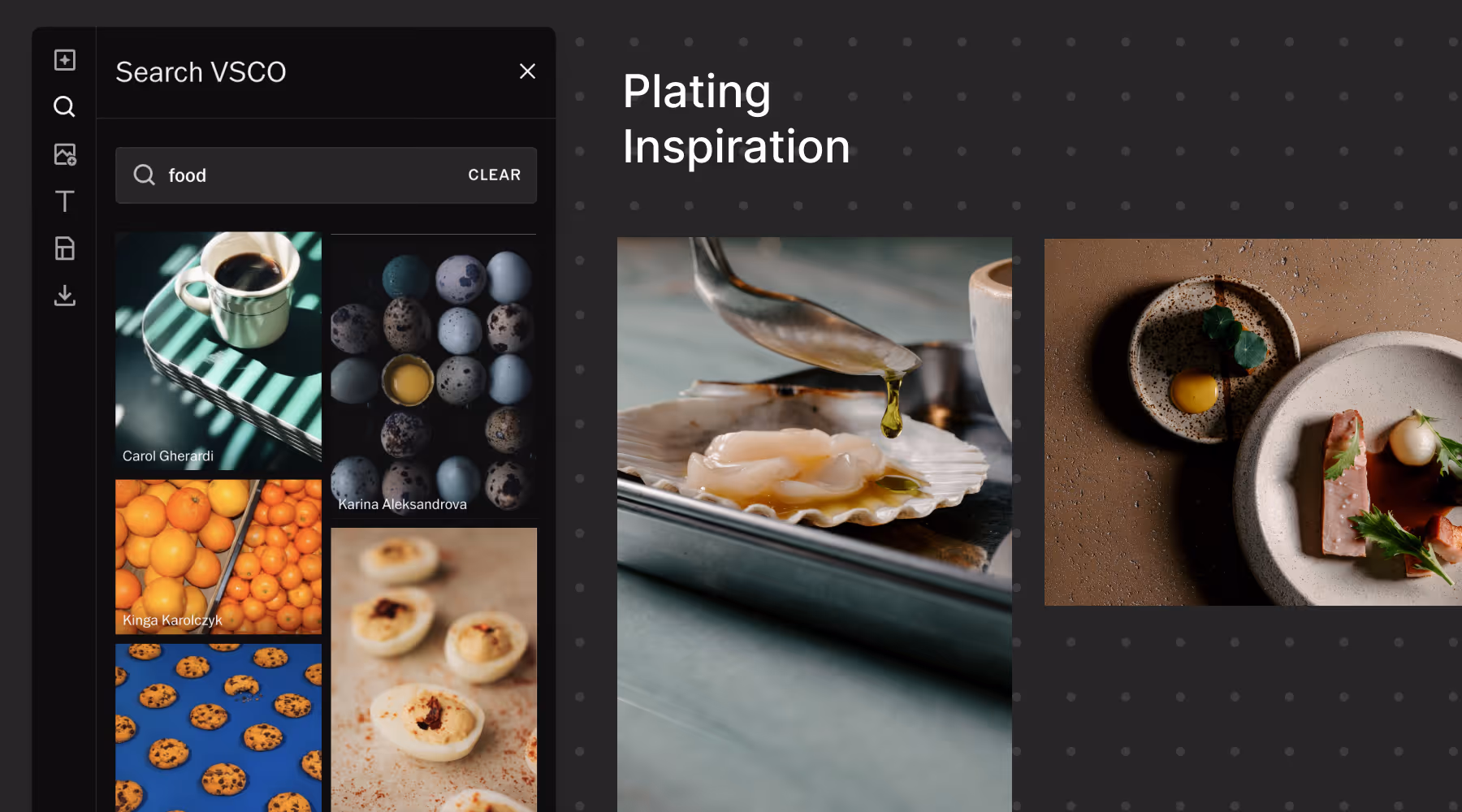 VSCO search within a Canvas mood board showing food with images of coffee, quail eggs, oranges, cookies, deviled eggs, and plated gourmet dishes under the mood board title 'Plating Inspiration'.