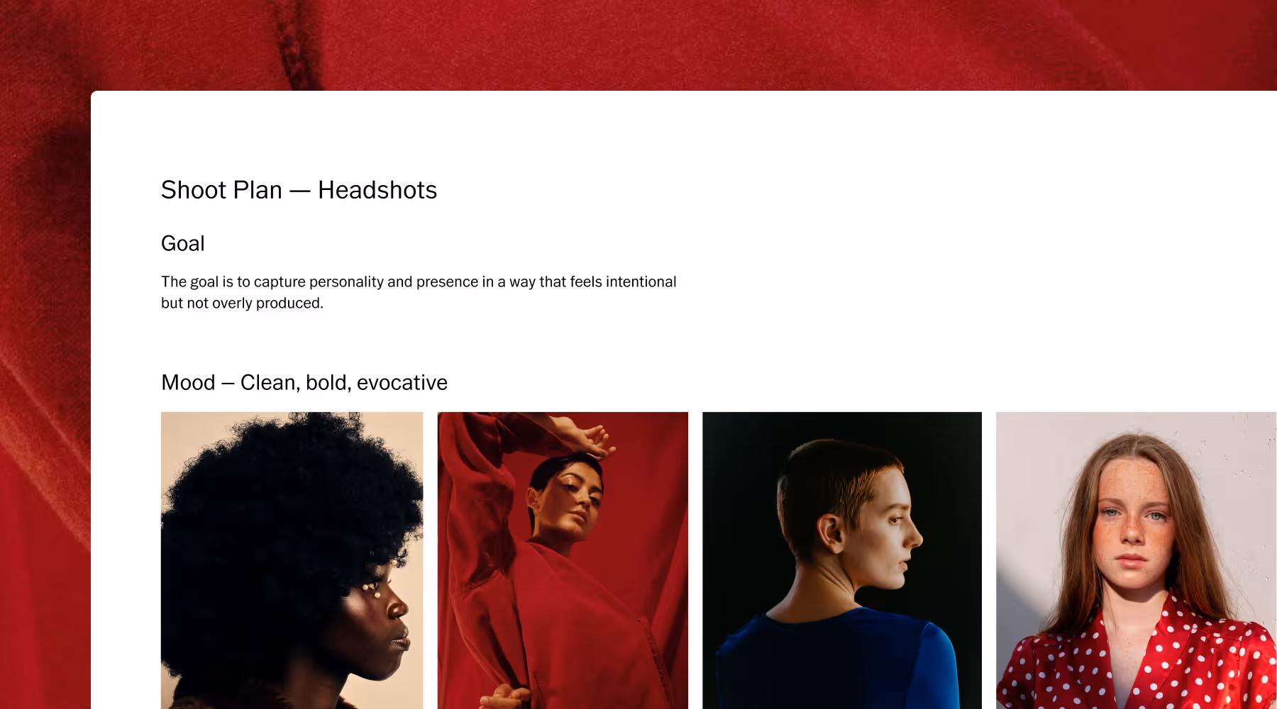Shoot plan mood board template titled 'Headshots' with goal and mood descriptions, alongside four portrait photos showcasing diverse expressions and styles.