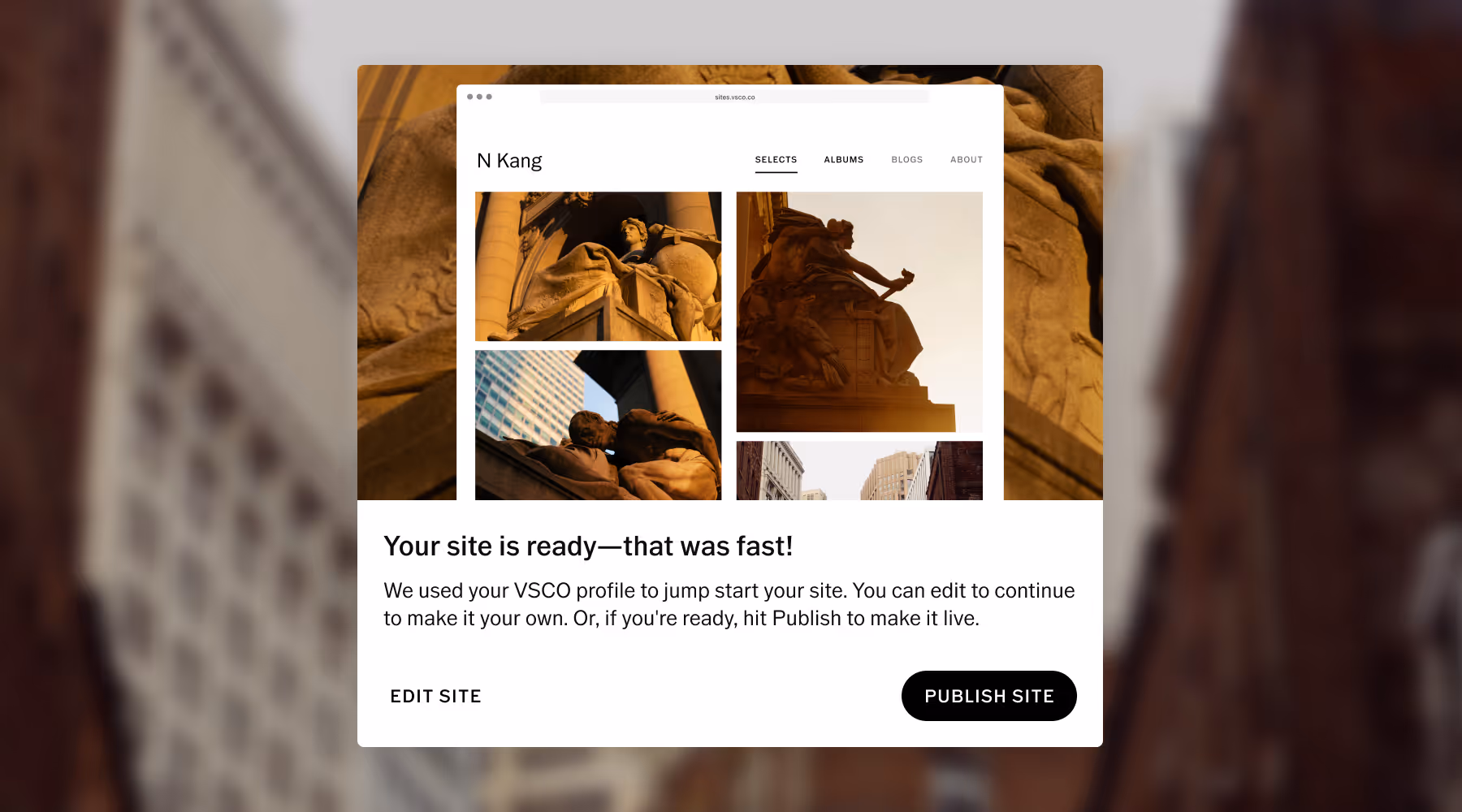 Portfolio website mockup showing a VSCO site for photographer N Kang with classical statue photos and text prompting to edit or publish the site.